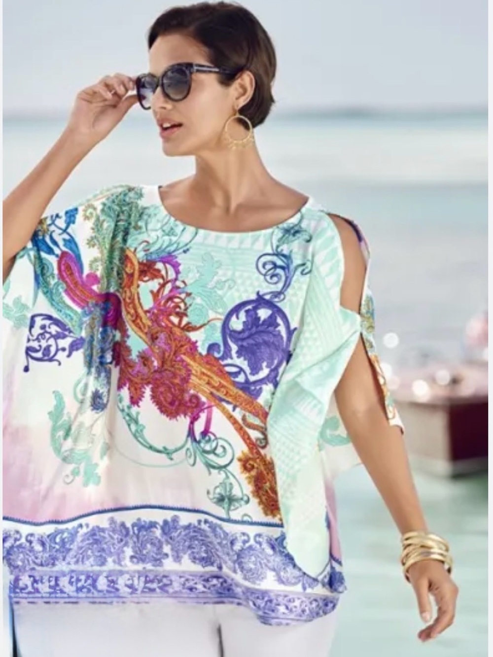 Chico's Multicolor Cold-Shoulder Printed Tunic - White, Aqua, Purple, Orange